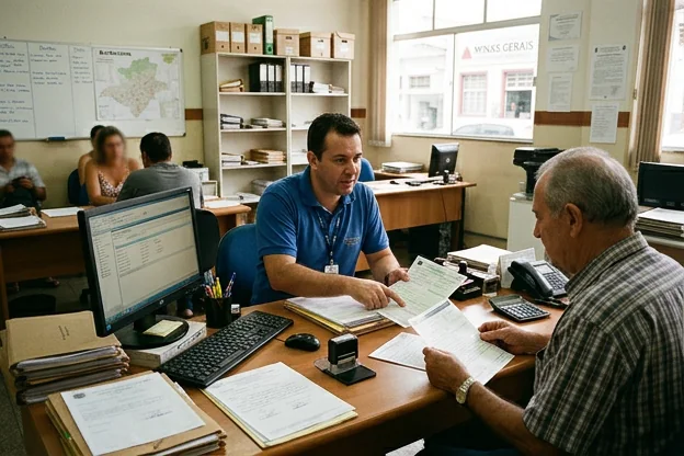 Despachante atendendo cliente com documentos.